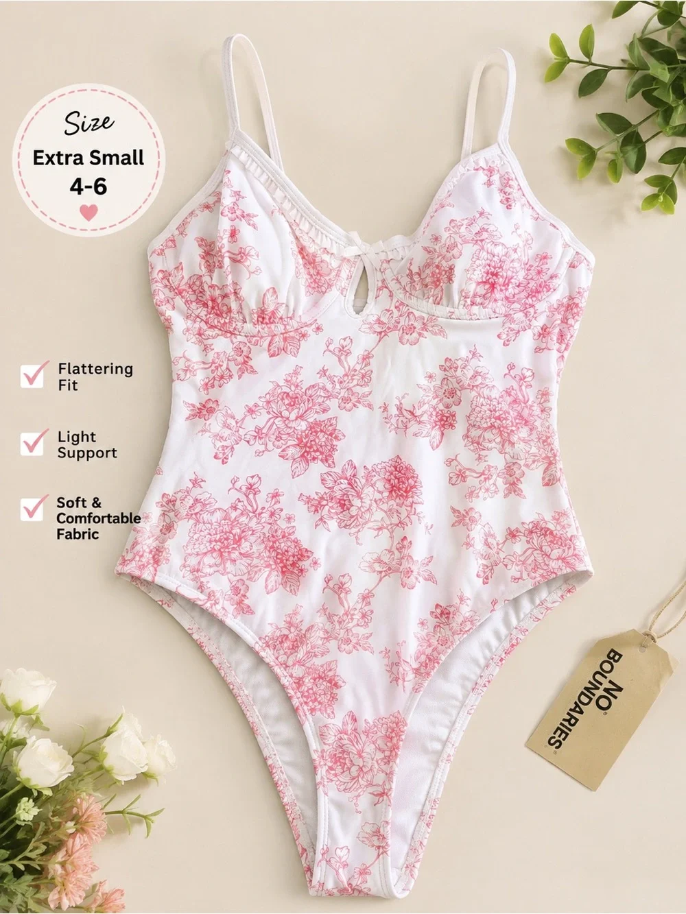 No Boundaries White One-Piece Swimsuit with Pink Floral Print